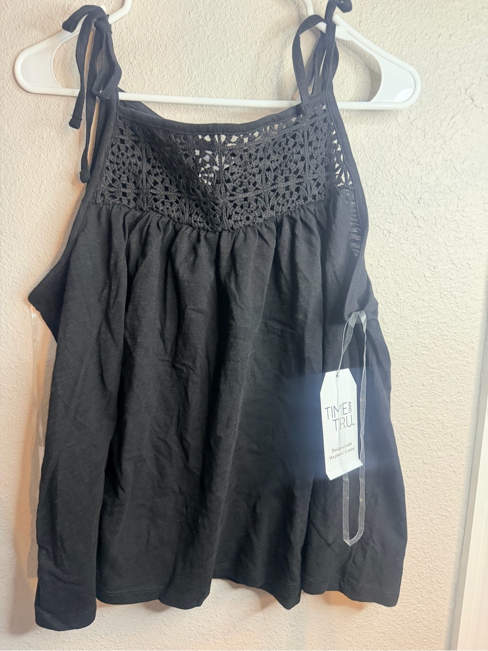 Time and Tru Black Crochet Yoke Tie-Strap Women's Tank Top